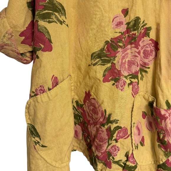 Made in Italy Linen Oversized Floral Cowl Neck Hoodie Tunic Top Yellow Pink - Picture 8 of 10